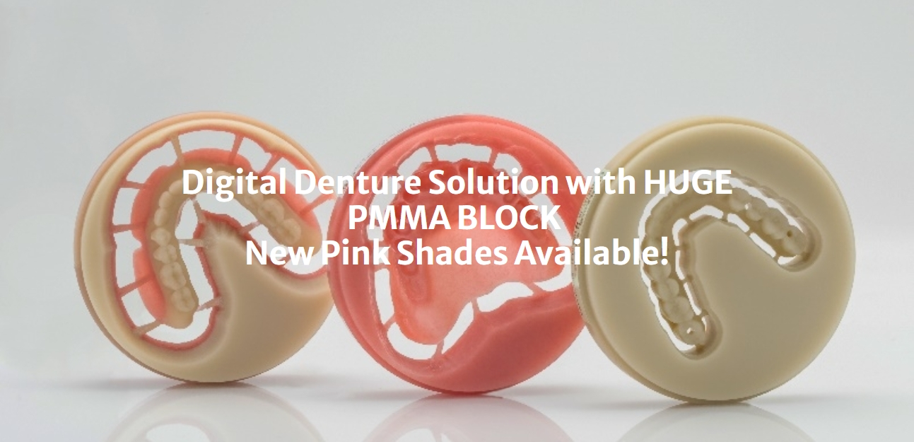 Solução de dentadura digital com ENORME PMMA BLOCK Novos tons rosa disponíveis!